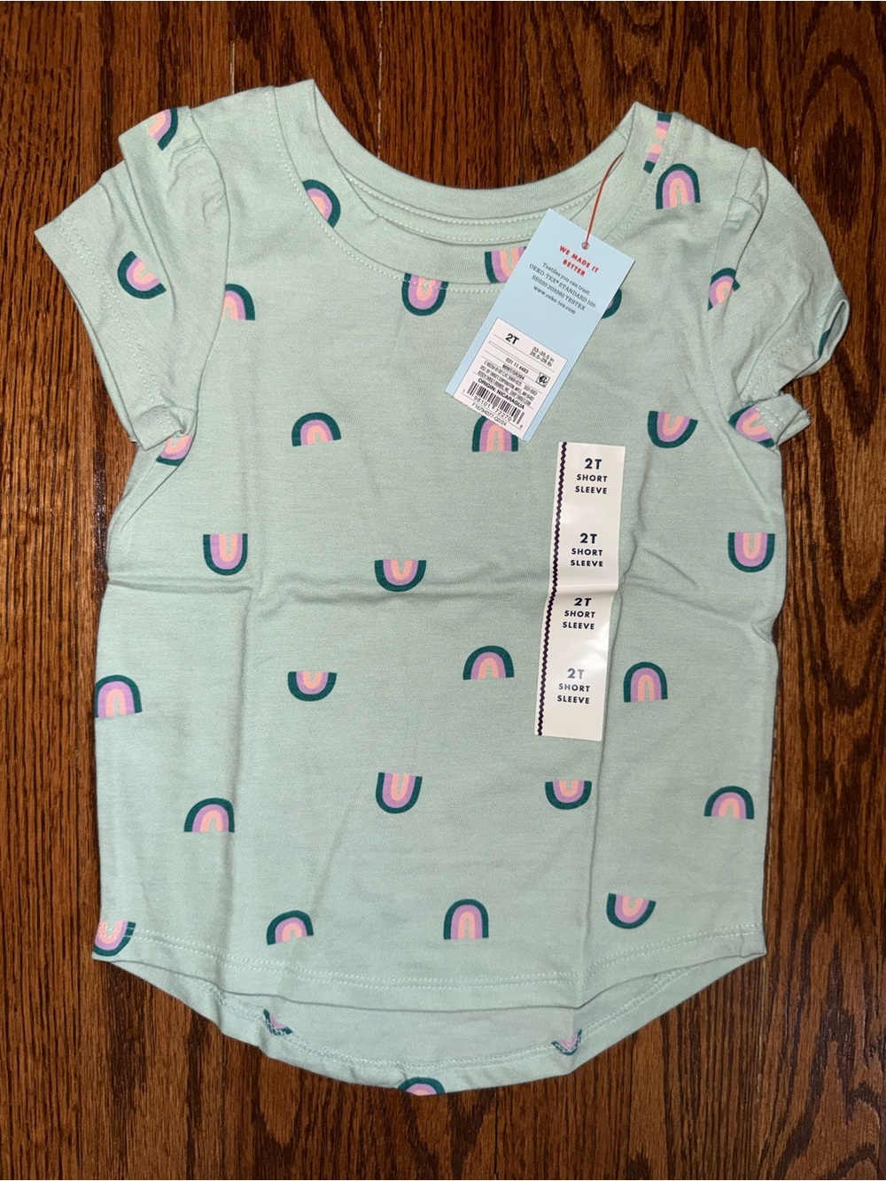 Cat & Jack Mint Green Short Sleeve Tee with Pastel Rainbow Print